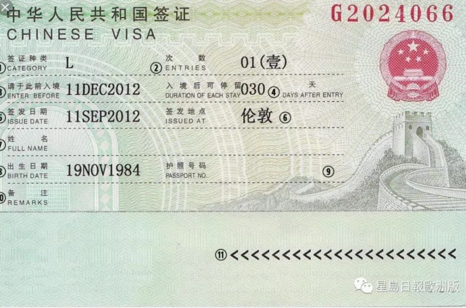 Touristenvisum (L Visum) für China